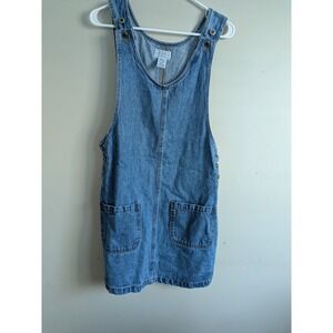 Arizona Jean Company Denim Pinafore Dress Medium Blue Wash Button Side A Line